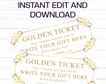 Golden Ticket Gift Template Printable Birthday Gift Certificate Gold Birthday Ticket Voucher Gift for Her Template Gift For Mom