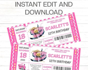 Editable Movie Night Ticket Invitation Pink Movie Ticket Invitation Movie Birthday Invitation Girls Movie Night Party Template Instant