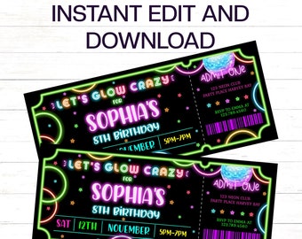 May include: Two neon glow-in-the-dark party invitations for Sophia's 8th birthday. The invitations are black with neon green, pink, and blue text. The text says "Let's Glow Crazy for Sophia's 8th Birthday" and includes the date, time, and location of the party. The invitations also have a neon green, pink, and blue disco ball graphic.