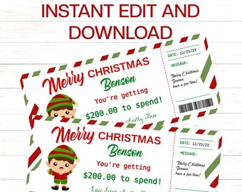 May include: Two Christmas gift certificate templates with elf illustrations. The certificates are white with red and green accents, and include the text "Merry Christmas Benson", "You're getting $200.00 to spend!", and "Instant Edit and Download".