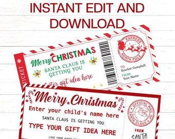 May include: Two red and white Christmas tickets with text that reads "Merry Christmas" and "Santa Claus is getting you". One ticket has a North Pole stamp and space for a name. The other ticket has space to enter a gift idea.