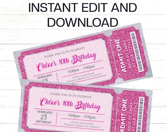 Pink Glitter Birthday Invitation, Pink Glitter Birthday Ticket Invitation to edit, download and print instantly Pink Glitter Invite Download