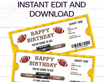Football Game Day Gift Ticket Editable Football Birthday Gift Football Surprise Ticket Gold Game Day Ticket Gift for Him Gift for Brother