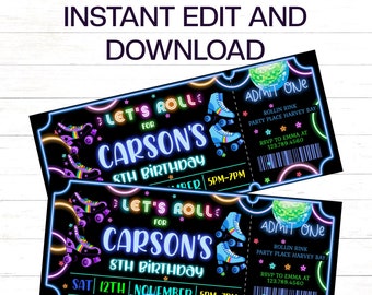 Editable Roller Skating Invitation Disco Party Invitation Roller Skating Ticket Invitation Blue Skating Birthday Invitation Skate Party