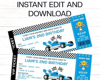 Race Car Birthday Invitation Boys Blue Racing Car Ticket Birthday Party Invitation Car Race Ticket Invitation Checkered Flag Race Invitation