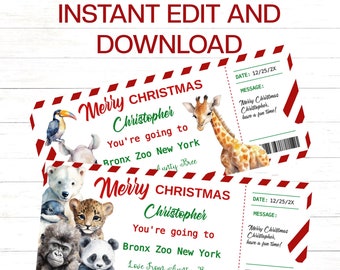 May include: Two Christmas-themed tickets with a red and white border. The tickets feature watercolor illustrations of zoo animals and the text "Merry Christmas Christopher, You're going to Bronx Zoo New York".
