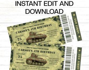 Editable Army Invitation Ticket Army ID Badges Included Army Ticket Invitation Army Birthday Invitation Military Invitation Tank Camo