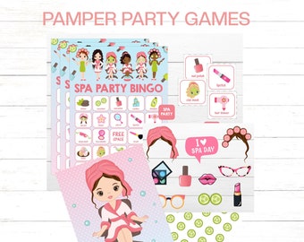 Spa Party Games - Includes spa party bingo printable game, Pin the cucumber on the girl, Instant download, Spa Party selfie props