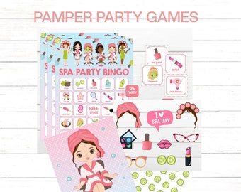 Pamper Party Games Bundle Spa Party Bingo Printable Game Pin the Cucumber on the Girl Instant Download Spa Party Selfie Props
