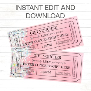 Rosa Glitzer-Geschenkkarte Bearbeitbarer rosa Glitzer-Geburtstagsgeschenkgutschein Mädchen Glitzergeschenk Rosa Ticket-Gutschein Sofort bearbeiten und ausdrucken