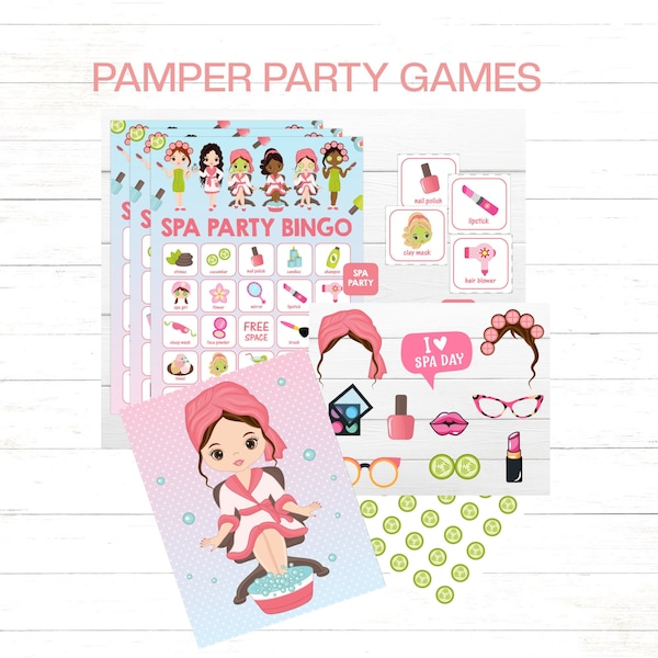 Spa Party Games - Includes spa party bingo printable game, Pin the cucumber on the girl, Instant download, Spa Party selfie props