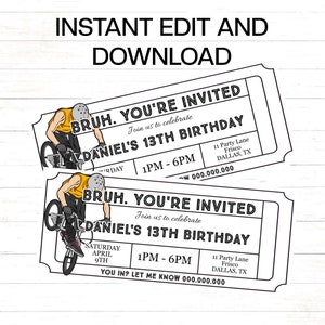Jungen Geburtstags-Einladung Bruh Geburtstags-Einladung Ticket Vorlage Printable Bro Geburtstag BMX Fahrrad Bruh Einladung Ticket-Vorlage Junge