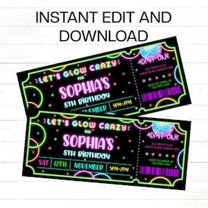 Glow-Geburtstagseinladung, Disco-Party-Geburtstagseinladung, Glow-in-the-Dark-Einladung, Neon-Einladung, Ticket-Vorlage, Glow-Party-Einladung