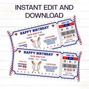 Baseball Gift Ticket Team Baseball Ticket Birthday Gift to edit, download, print instantly. Baseball Surprise Ticket Game Day Gift Ticket image 1