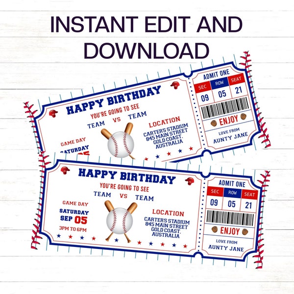 Baseball Gift Ticket Team Baseball Ticket Birthday Gift to edit, download, print instantly. Baseball Surprise Ticket Game Day Gift Ticket