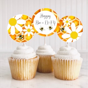 Bee Birthday Cake Toppers, First Bee-day centrepiece, 7 Bee party birthday decor, editable honeybee birthday party decor Bee cupcake toppers