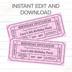Ticket Geburtstagseinladung Editierbares Ticket Einladung Herzen Template Geburtstags-Herzen einladen Ticket Template Pink Heartseinladung