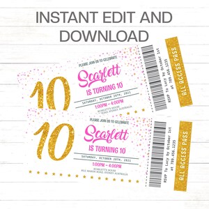 Mädchen-Einladungskarte, Rosa und Gold-Glitzer-Geburtstagseinladung, Mädchen-Glitzer-Einladung, Rosa-Gold-Ticket-Einladung, sofort bearbeiten und ausdrucken