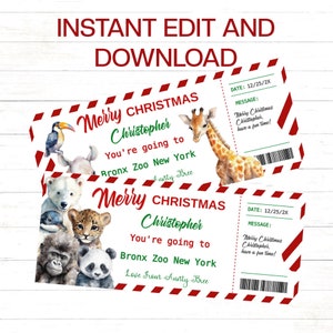 Geschenkidee für Kinder Weihnachtsgeschenk Tickets Zoo Weihnachtsgutschein Weihnachtszoo Geschenkgutschein in 2 Designs zum sofort bearbeiten und ausdrucken