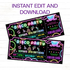 Disco Party Einladung Disco Birthday Ticket Einladung Disco Birthday Invite Glow In The Dark Neon Einladung Instant Edit und Download
