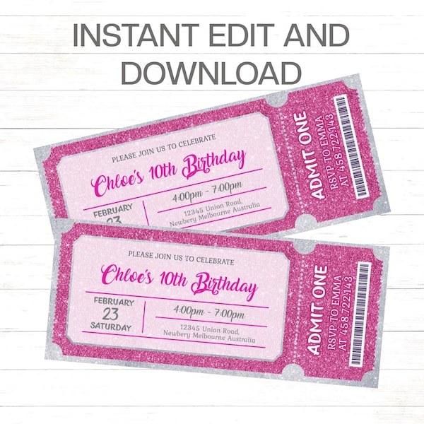 Girls Birthday Invitation Ticket Pink Glitter Birthday Invitation Girls Glitter Invitation Pink Ticket Invite Instant Edit and Print