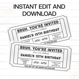 Modèle de billet d'invitation d'anniversaire de garçons à imprimer Modèle de billet d'invitation d'anniversaire de frère Bruh à imprimer en noir et blanc pour garçons