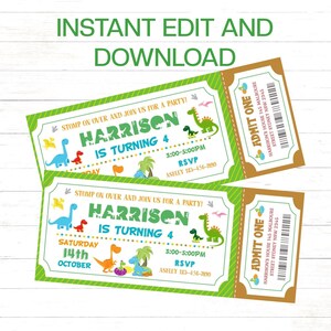 Bearbeitbare Dinosaurier-Ticket-Einladung, druckbare Dinosaurier-Geburtstagseinladung, niedliche Dinosaurier-Geburtstagsparty-Einladung