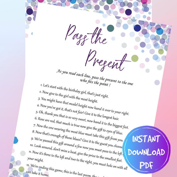 Pass The Present Game, Printable Girls Sleepover Birthday Games, Teen Slumber Party Games, Pyjama Party games, Preteens party, Tweens party