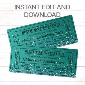 Birthday Invitation Template Green Birthday Invitation Birthday Green Invitation Ticket Template Green with Glitter Birthday Party Invite