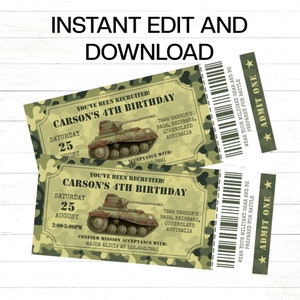 Editable Army Invitation Ticket Army ID Badges Included Army Ticket Invitation Army Birthday Invitation Military Invitation Tank Camo image 1