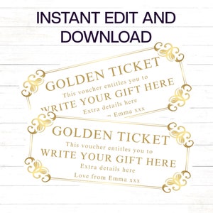 Goldenes Ticket-Geschenkvorlage, druckbarer Geburtstagsgeschenkgutschein, Gold-Geburtstagsticket-Gutschein, Geschenk für Sie, Vorlage, Geschenk für Mama
