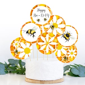 Bee Birthday Party Cake Toppers First Bee-day centerpiece  7 Bee party birthday decor editable Honeybee birthday party decor Bee cupcake top