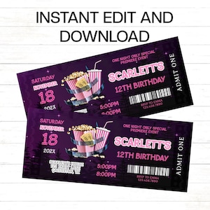 Movie Night Ticket Einladung Film Geburtstagsparty Sleepover Party Girl Geburtstagseinladung Bearbeitbare Digitale Vorlage Sofortiger Download MEP6