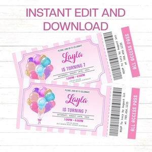 Bearbeitbare Mädchen-Geburtstagseinladung, Luftballons-Geburtstags-Ticket-Einladung, Mädchen-Rosa-Einladung, Rosa Ticket-Einladung, Candy Stripes-Einladung