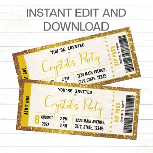 Goldene Ticket-Einladung bearbeitbare Gold-Glitter-Einladung Ereignis-Karte Einladung Hollywood-Party Einladung Hollywood-Geburtstagskarte
