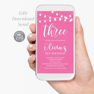 May include: Pink digital invitation with white text for a 3rd birthday party. The invitation says "three" and "Olivia's 3rd Birthday". The invitation includes the date, time, location, and RSVP information.