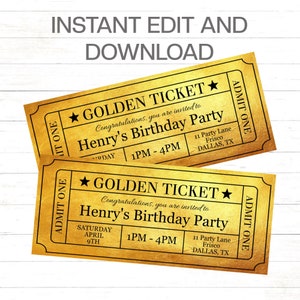 Goldenes Ticket Einladung Vorlage Printable Geburtstagseinladung Geburtstags-Gold-Einladung Ticketvorlage Gold-Geburtstags-Party einladen