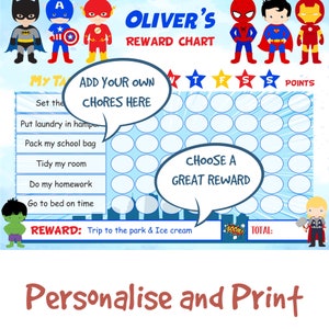 May include: A printable superhero-themed reward chart for kids. The chart features a blue background with white circles and stars. The chart includes a list of chores, a space for points, and a reward section. The reward is "Trip to the park & Ice cream".