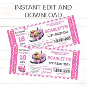 Bearbeitbare Filmnacht Karte Einladung Pink Filmkarte Einladung Film Geburtstagseinladung Mädchen Film Nacht Party Vorlage sofortig