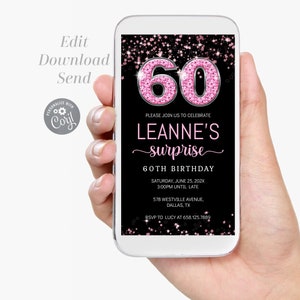 60th Birthday Invitation for Women Electronic 60th Invitation Template 60th Pink Birthday E-vite Editable Birthday 60th Smartphone Invite