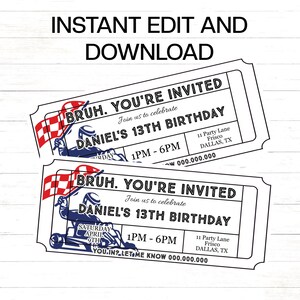Bruh convite de aniversário para meninos, modelo de bilhete de convite de aniversário para impressão, modelo de bilhete de convite para karting, irmão, menino