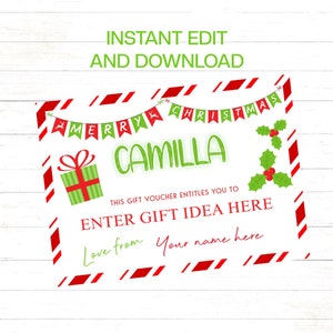 Buono regalo di Natale Buono regalo di Natale Modello modificabile di buono regalo di Natale che i bambini possono modificare, scaricare e stampare ora