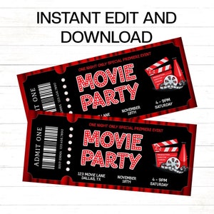 Movie Ticket Einladung Film Geburtstagsparty Kino Film Party Girl Geburtstagseinladung Bearbeitbare Digitale Vorlage Sofortiger Download