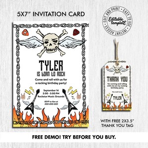 May include: A 5x7 inch printable invitation card with a skull and crossbones design. The card is decorated with flames, chains, and electric guitars. The text on the card reads "Tyler is Born to Rock" and includes details for a birthday party. A matching thank you tag is also included.