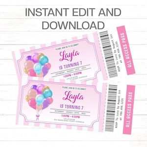 Rosa Mädchen-Geburtstags-Einladung Rosa Luftballons Geburtstag Ticket Einladung Mädchen-Einladung Candy Stripes Einladung Sofort-Download