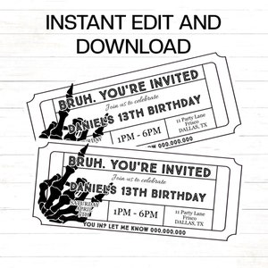 Invitación de cumpleaños de Bruh, invitación de cumpleaños para niños, plantilla de boleto, invitación de cumpleaños de hermano imprimible, invitación de mano de esqueleto