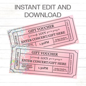 Geburtstagsgeschenkkarte für Mädchen, bearbeitbar, rosa Glitzer-Geburtstagsgeschenkgutschein, rosa Glitzergeschenk-Ticketgutschein für Mädchen, sofort bearbeiten und ausdrucken