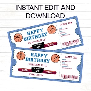 Basketball Gift Ticket Basketball Ticket Geburtstagsgeschenk zum sofortigen Bearbeiten, Herunterladen und Drucken. Basketball Surprise Ticket Spiel-Tageskarte