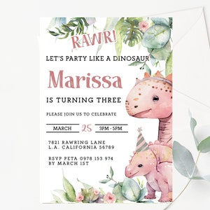 Mädchen Dinosaurier-Einladung Vorlage für sofortige Bearbeitung und Download Mädchen Dinosaurier-Party Rosa Dinosaurier-Einladung für Mädchen-Dinosaurier DIN1
