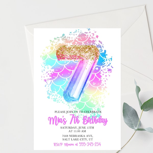 Editable Mermaid 7th Birthday Invitation, Seventh Birthday Invitation Rainbow Mermaid Invitation, Instant Download Mermaid Invite